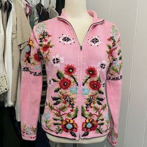 Pink hand knitted floral zip up sweater.